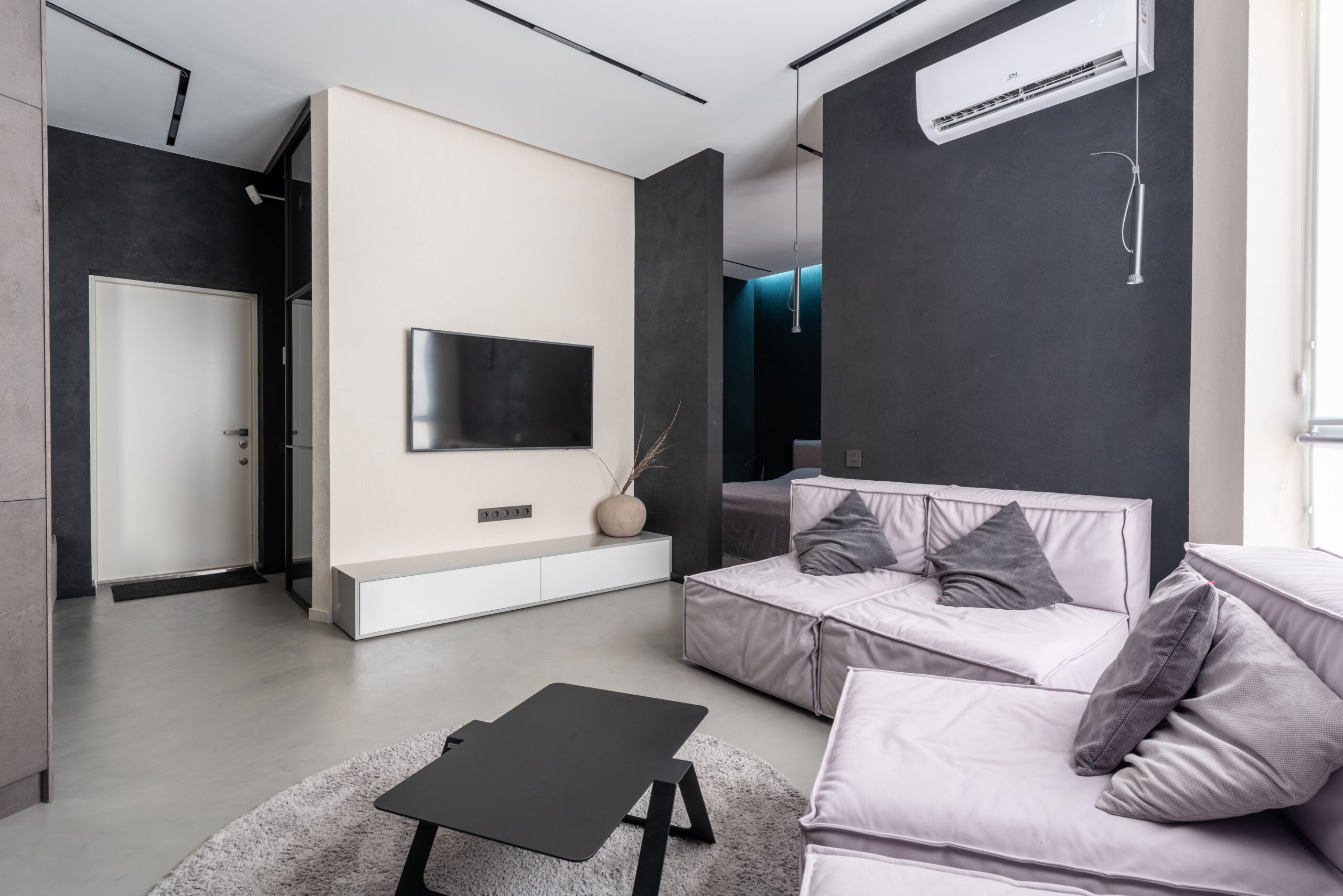 Interior of contemporary spacious living room with comfortable soft couches with cushions and TV set on wall